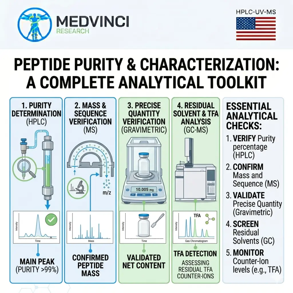 Peptide purity testing infographic showing the four-test analytical toolkit — HPLC purity determination, mass spectrometry sequence verification, gravimetric net content, and GC-MS residual solvent and TFA analysis — plus 5 essential analytical checks (Medvinci Research)