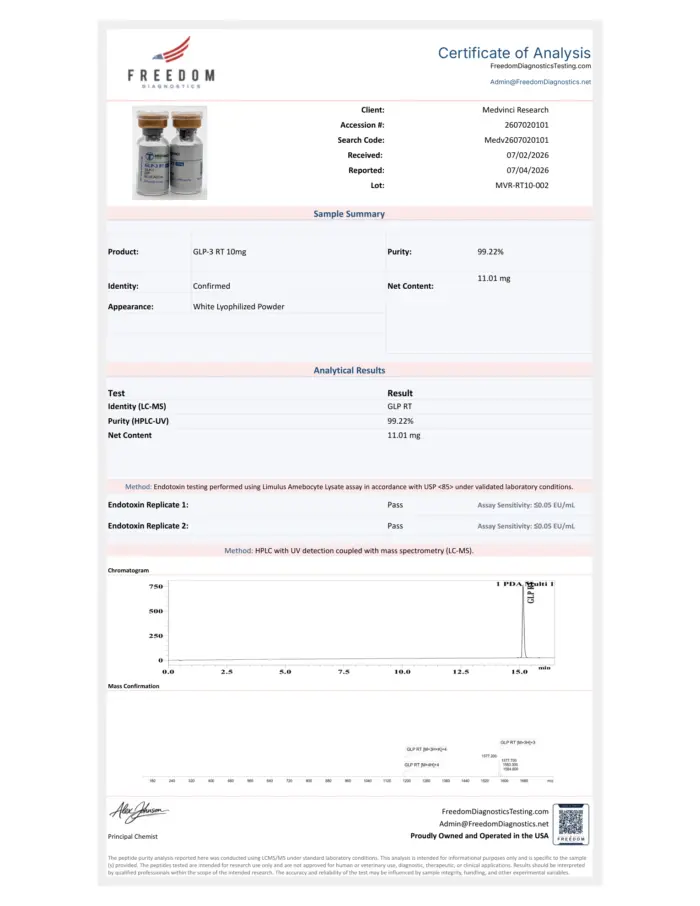 GLP-3 RT 10mg — Certificate of Analysis (Lot MVR-RT10-002)