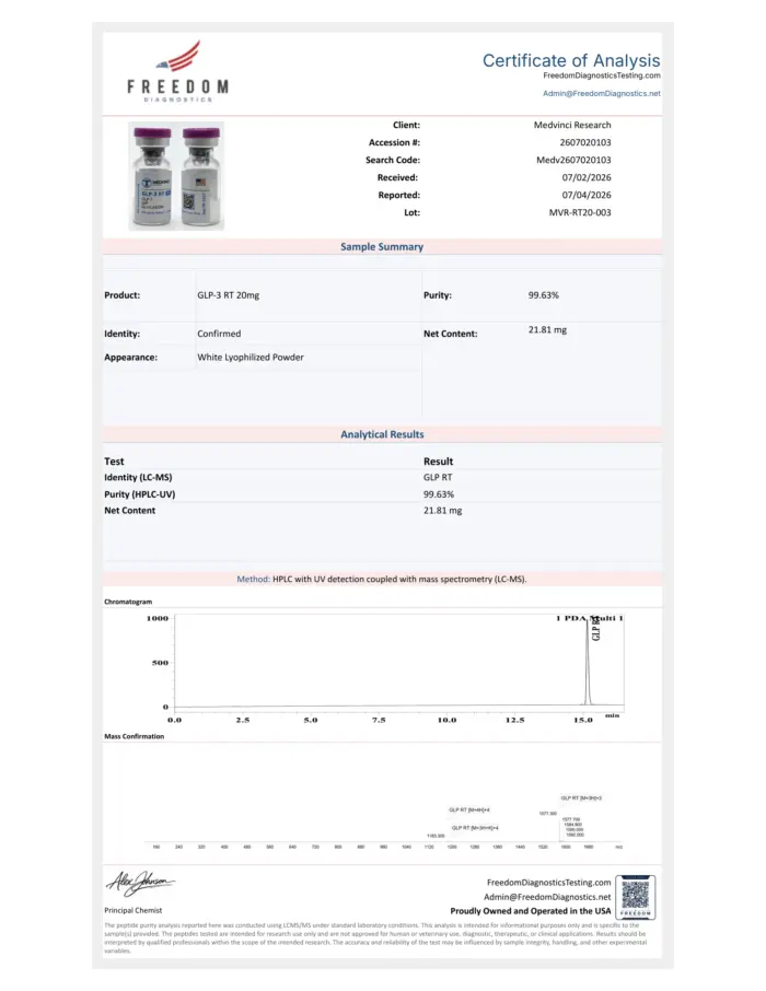 GLP-3 RT 20mg — Certificate of Analysis (Lot MVR-RT20-003)